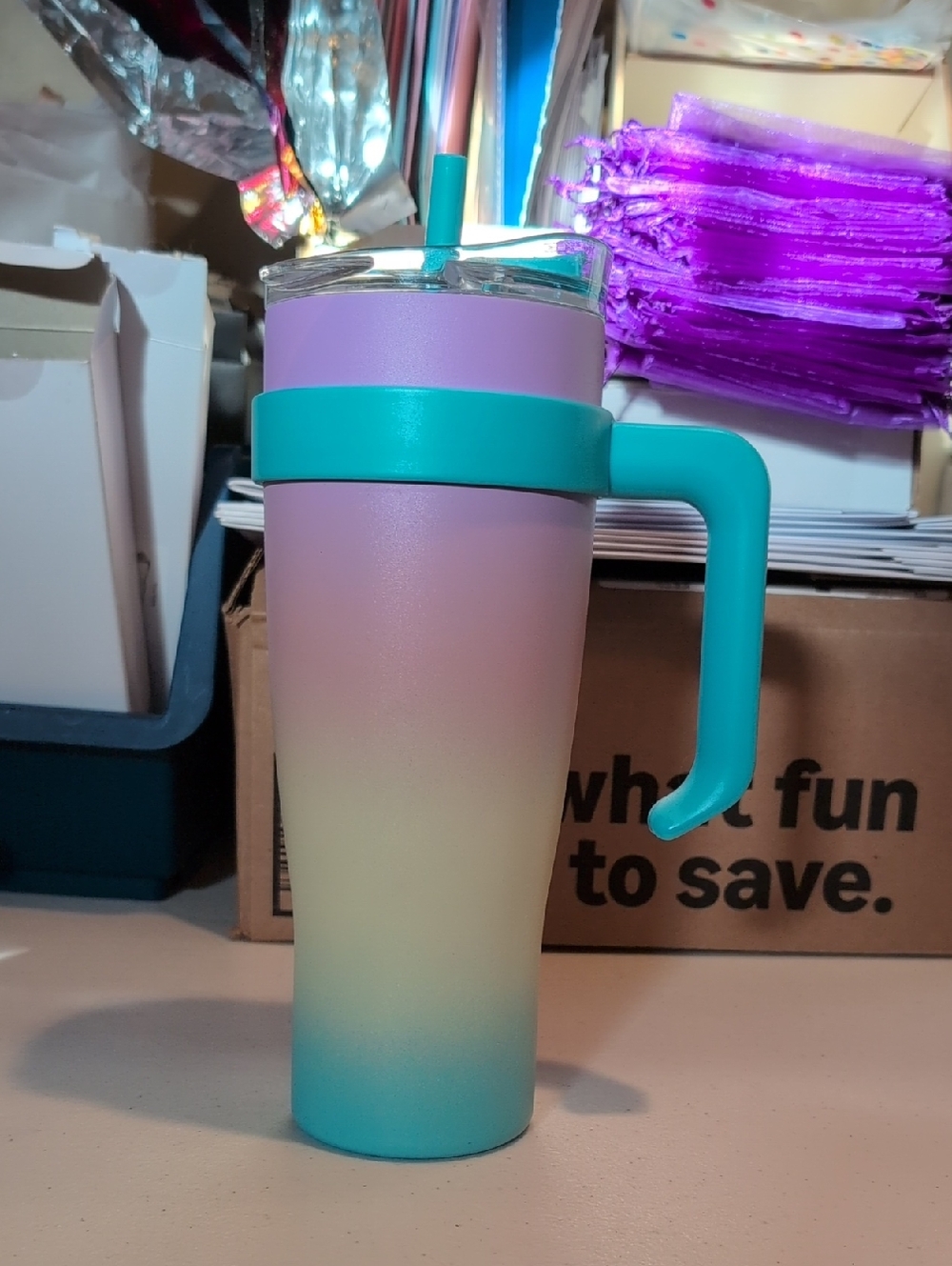 Insulated Ombre Travel Tumbler with Handle and Straw - Teal/Purple